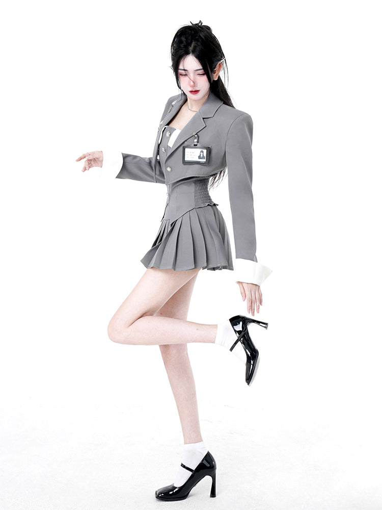 Kiki Academia Silver Gray Blazer Tube Top Skirt Three Piece Set