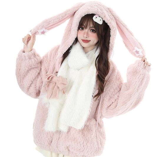 Crazy Girl Winter White Black Winter Rabbit Ears Hooded Plush Fleece Coat - Sugarplum Store