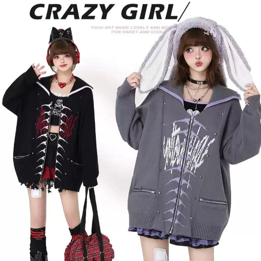Crazy Girl Fantasy Skeleton Sailor Collar Gray Black Jacket Cardigan - Sugarplum Store