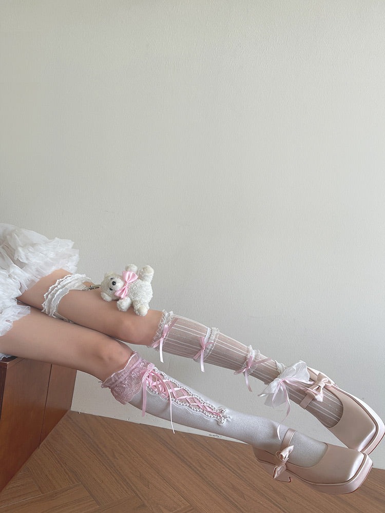 Noble Festival Pink Black Blue Red Lace Socks & Bear Garter - Sugarplum Store