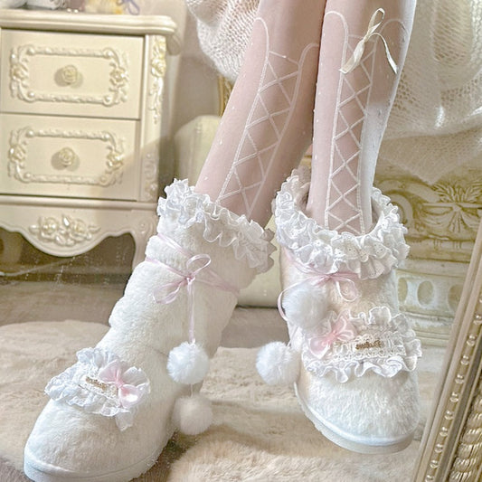 Sweet Princess Fur Plush Pompom Balls Thick White Snow Boots