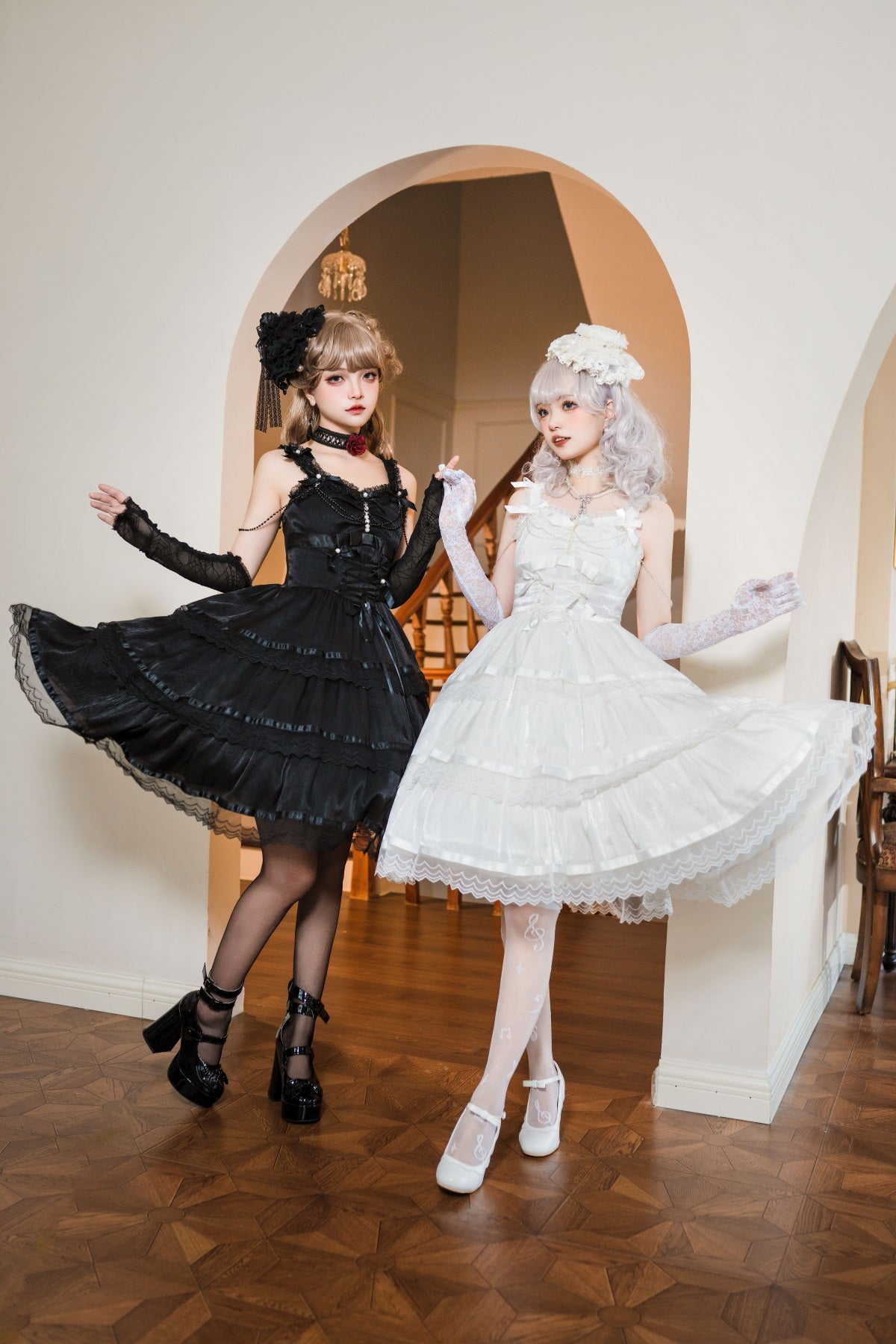 Twins Black & White Gothic Lolita Elegant Strap Dress – Sugarplum Store