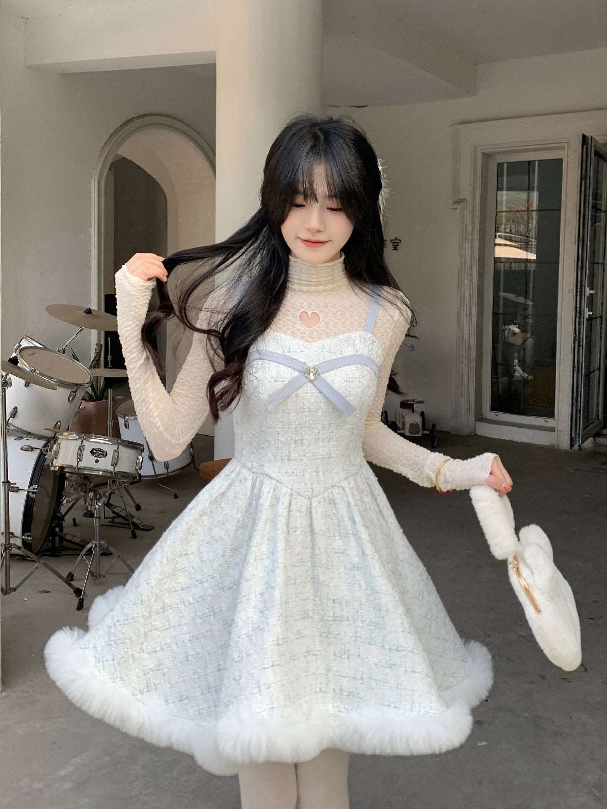 Blue Angel Winter Plush Strap White Dress & Little Hooded Fur Jacket Cape Two Piece Set Blue Angel Winter Plush Strap White Dress & Little Hooded Fur Jacket Cape Two Piece Set