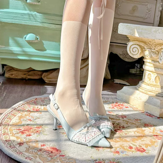 Pinky Lace Pointed Toe Pink Blue Black White Stiletto Shoes - Sugarplum Store