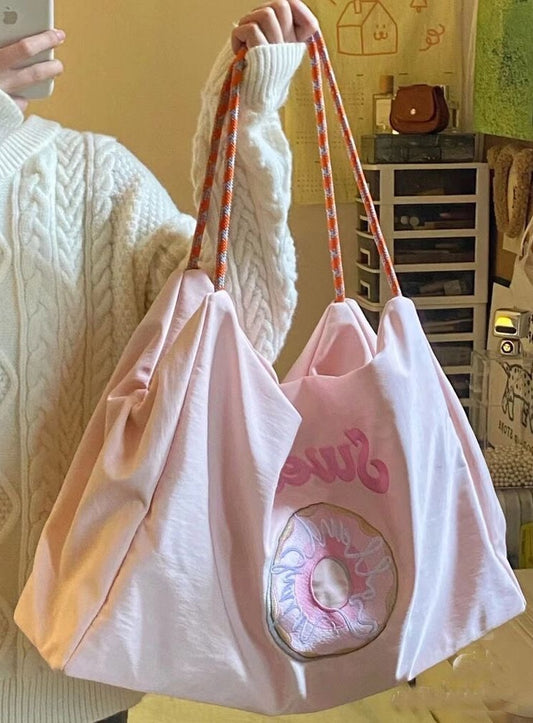 Pink Donut Embroidery Large Capacity Duffel Bag