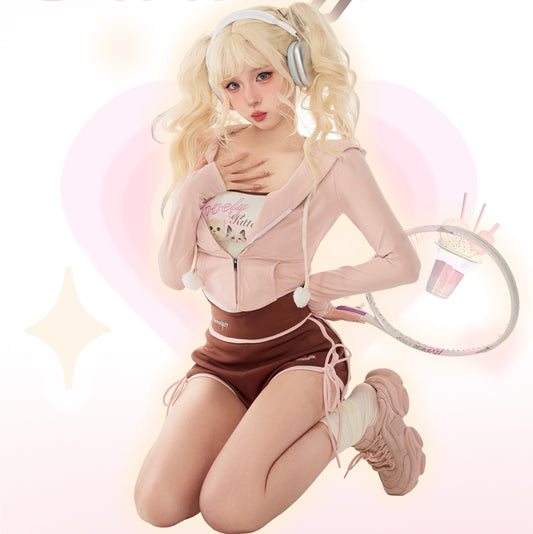 Serendipity Autumn Tennis Girl Pink Jacket & Cat Camisole & Brown Shorts Three Piece Set - Sugarplum Store
