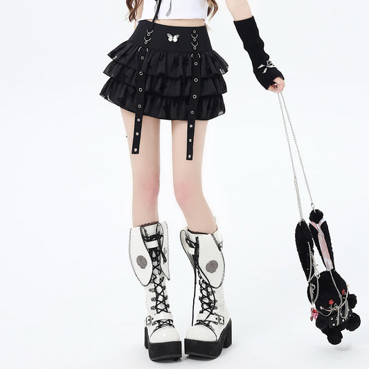 Crazy Girl Early Morning Butterfly Black Cream Ruffle Skirt - Sugarplum Store