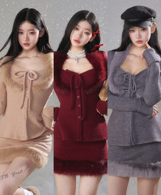 Monet Holiday Burgundy Red Fur Knit Sweater Top & Skirt Two Piece Set - Sugarplum Store