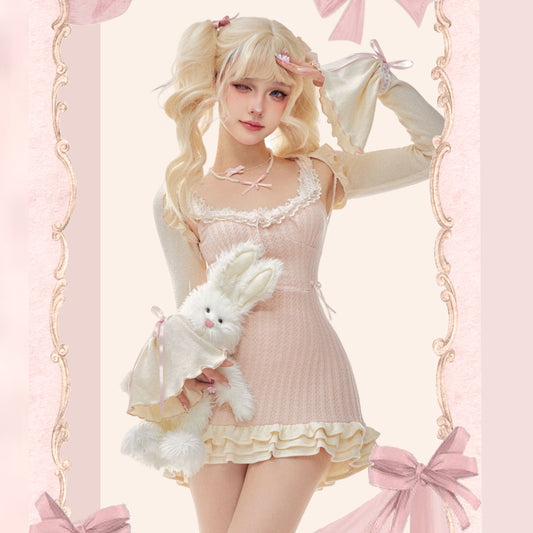Serendipity Autumn Tea Break Pink Lace Strap Dress & Beige Cardigan Two Piece Set - Sugarplum Store