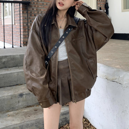 Chic Trendy Winter Brown Black Leather Jacket