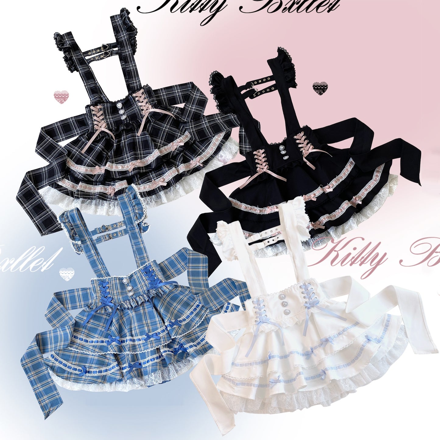 Four different styles of skirts with plaid, denim, and lace designs on a light pink background.
