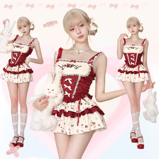 Serendipity Rose Ball Strawberry Red Camisole Top & Skirt Two Piece Set - Sugarplum Store
