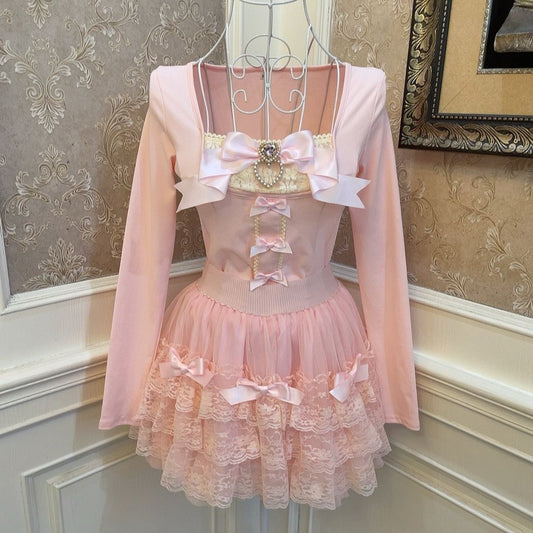 Sweetheart Princess Balletcore Pink Bow Lace Shirt Top & Skirt Two Piece Set - Sugarplum Store