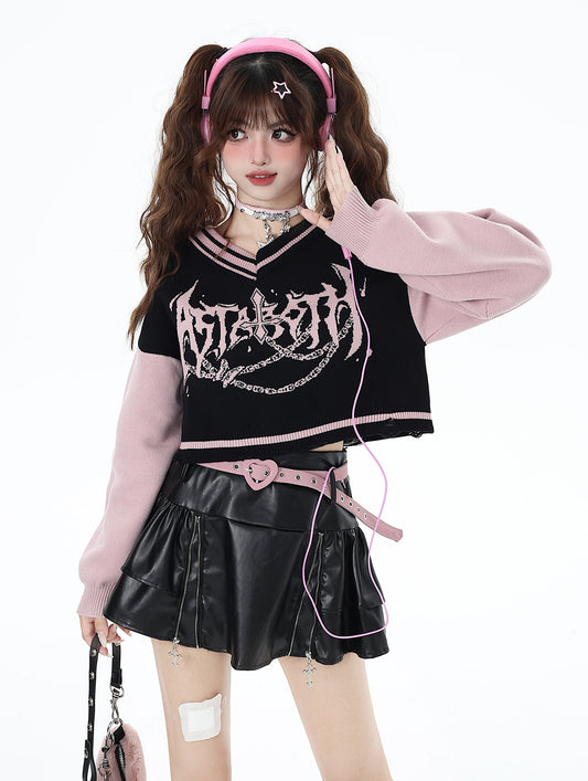 Crazy Girl Love Talent Black Pink Punk V Neck Sweater Top