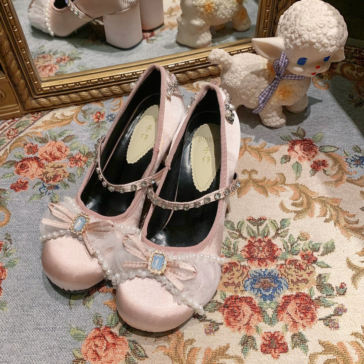 Pinky Coquette Princess Fairy Light Pink Bow Brooch Mary Jane Shoes - Sugarplum Store