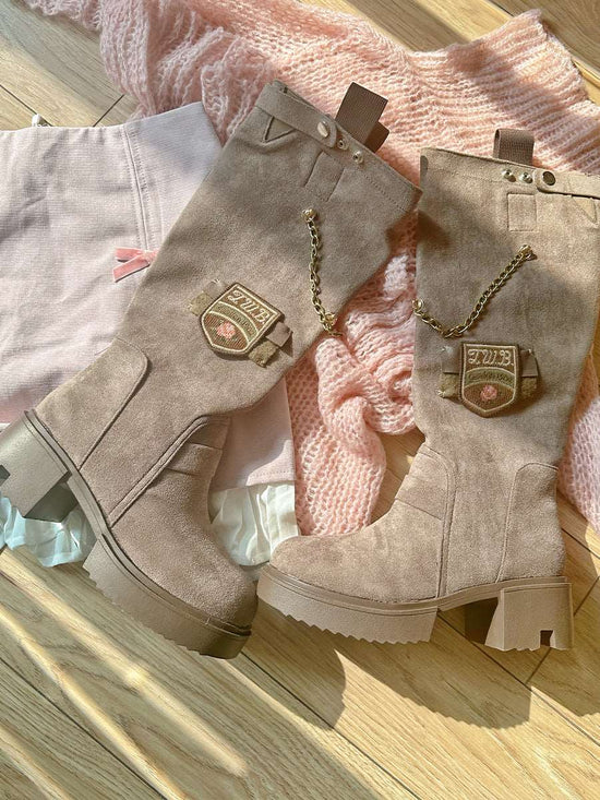 Pinky Brown Autumn Winter Academia Leather Knight Boots