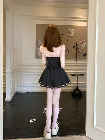 Creamy Cute Sakura Senpai Pink Shirt Top & Gray Dress Two Piece Set - Sugarplum Store