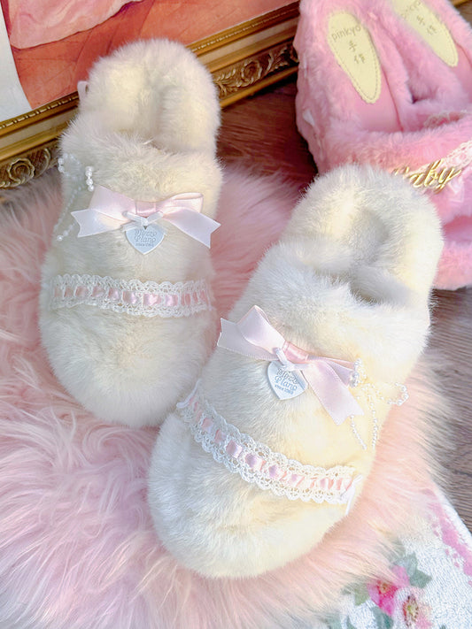 Coquette Pink Bow Lace Velvet Snow Winter Cute Slippers Shoes