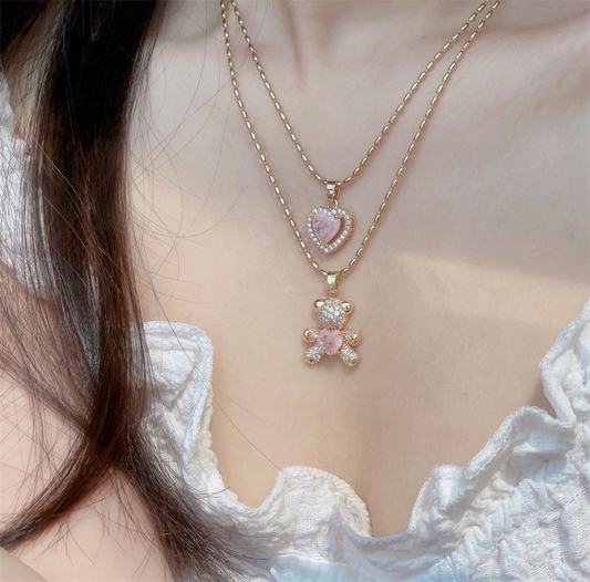 Pink Crystal Diamond Gold Heart Bear Necklace Pendant Set
