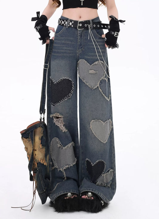 Crazy Girl Heart Patchwork Wide Leg Denim Jeans - Sugarplum Store