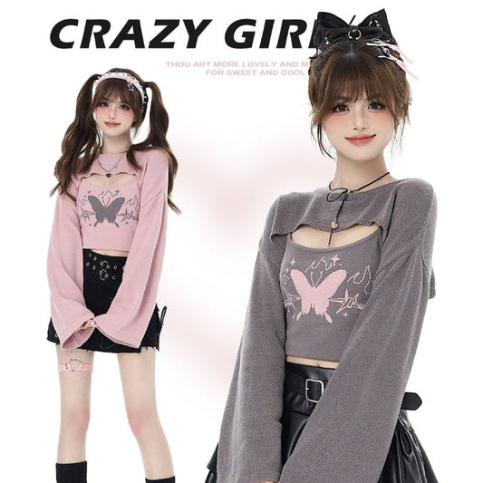 Crazy Girl Law of Attraction Butterfly Gray Pink Camisole Knit Shirt Two Piece Top