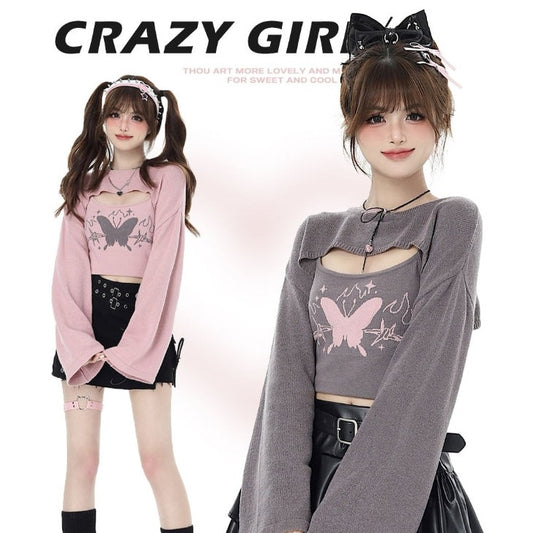 Crazy Girl Law of Attraction Butterfly Gray Pink Camisole Knit Shirt Two Piece Top - Sugarplum Store