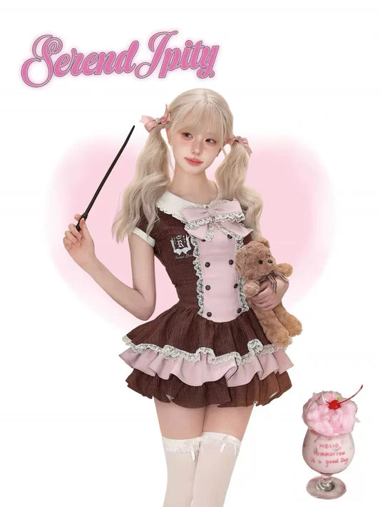 Serendipity Sweet Love Brown Pink Bow Dress - Sugarplum Store