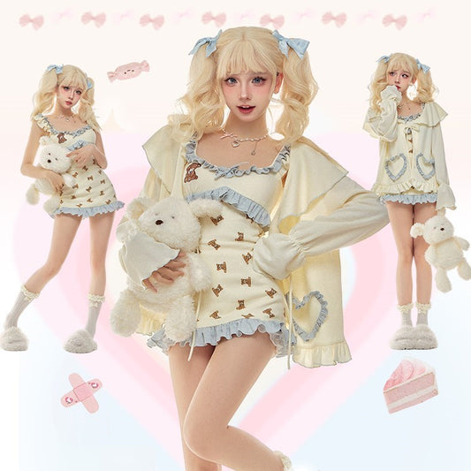 Serendipity Good Night Teddy Bear Cream Blue Strap Dress & Cardigan Pajamas Two Piece Set - Sugarplum Store