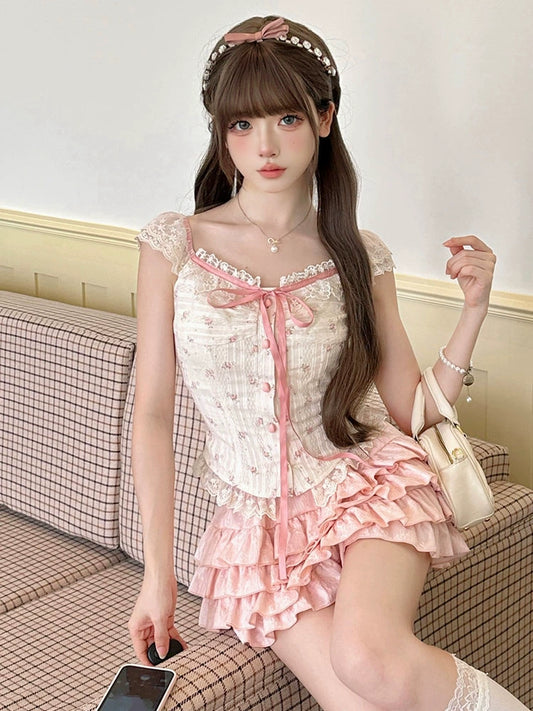 Summer Flower White Top & Pink Skirt Two Piece Set - Sugarplum Store