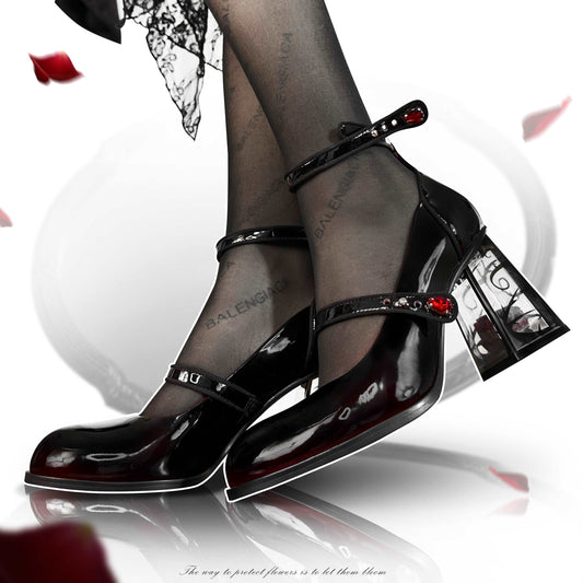 Dark Gothic Ruby Black Red Rose Transparent Glass High Heels Shoes
