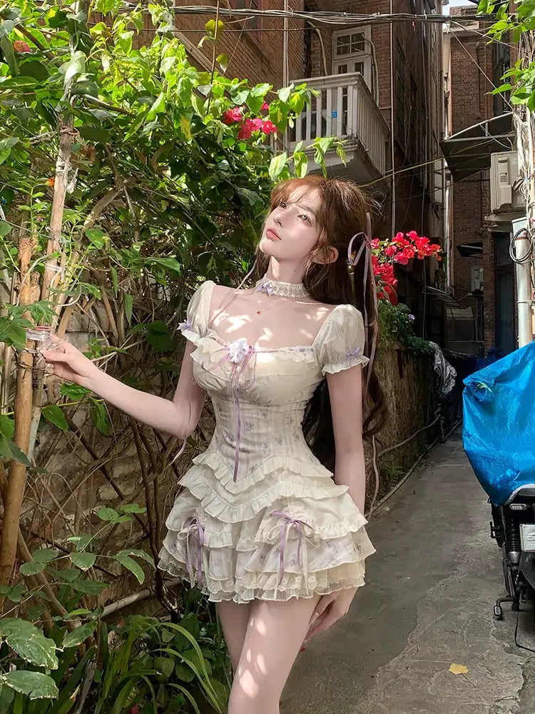 Creamy Cute Purple Puree Cream Top & Skirt Two Piece Set