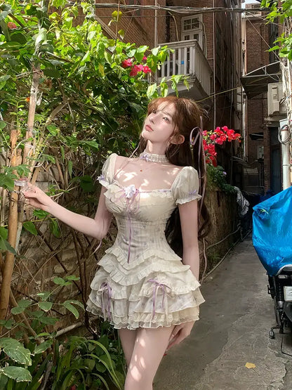 Creamy Cute Purple Puree Cream Top & Skirt Two Piece Set