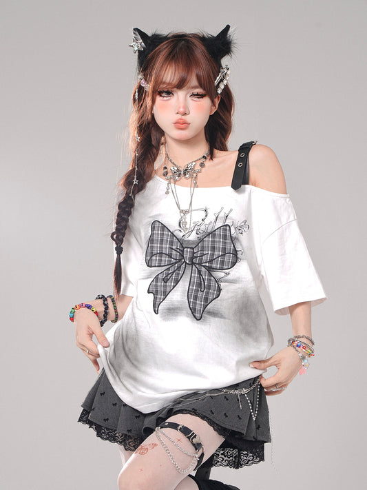 Young Eyes Plaid Bow Gray & White Off Shoulder Oversize Top - Sugarplum Store