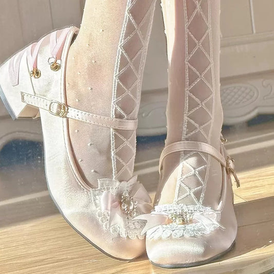 Pinky Coquette Princess Fairy Light Pink Bow Lace Mary Jane Shoes - Sugarplum Store
