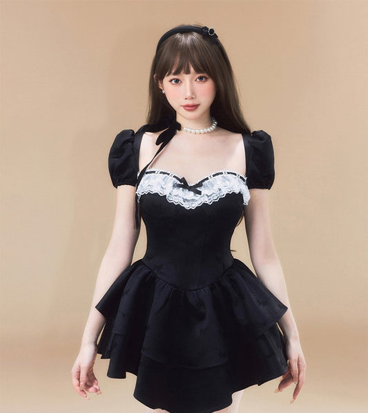 Monet Black Bow Puff Sleeve Short Dress