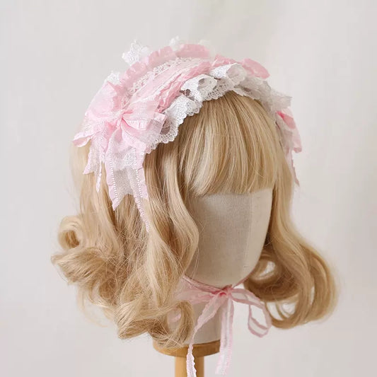 Lolita Lace Beige White Bow Hairband Accessories
