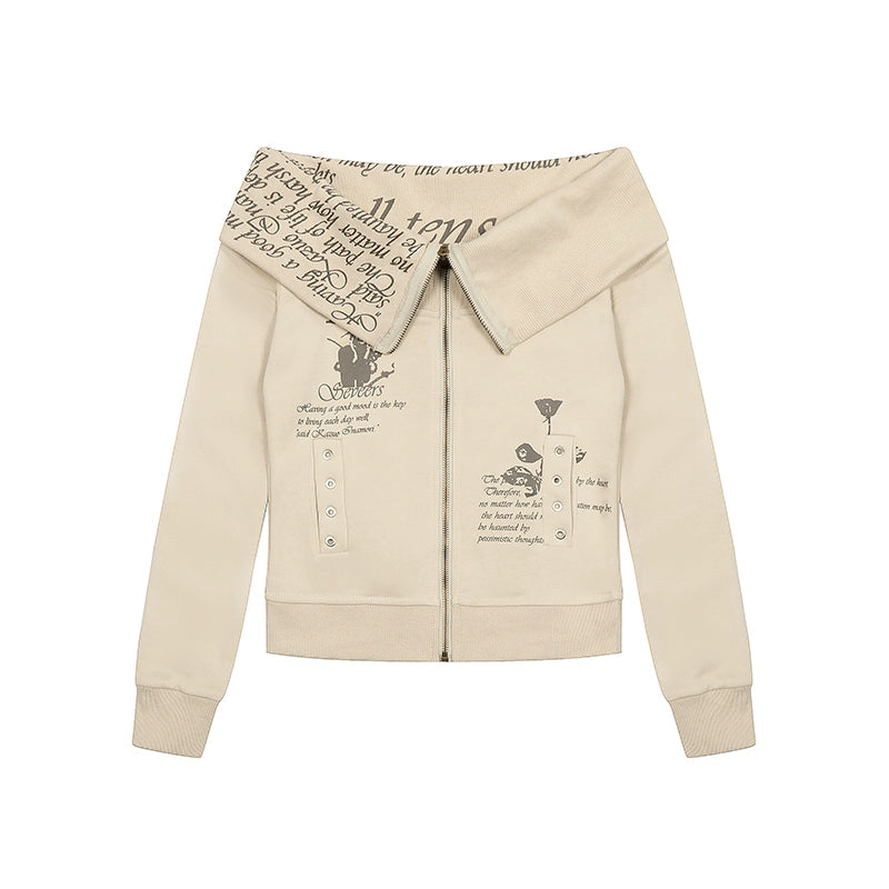 Beige hoodie with text and graphics on a white background