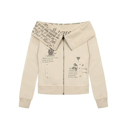 Beige hoodie with text and graphics on a white background