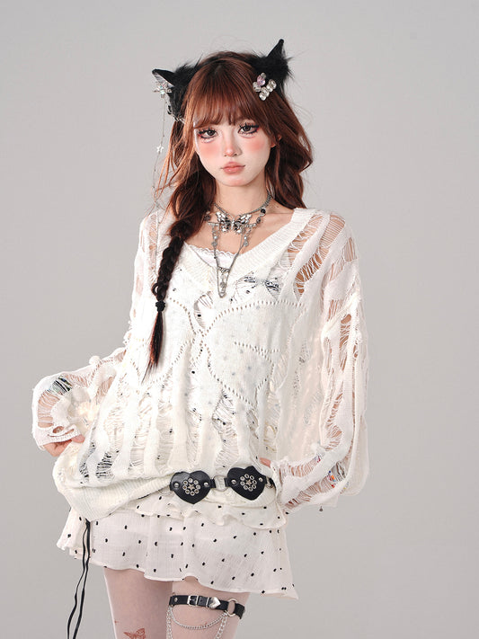 Young Eyes Hollow Butterfly Black & White Long Sleeve Knit Top - Sugarplum Store
