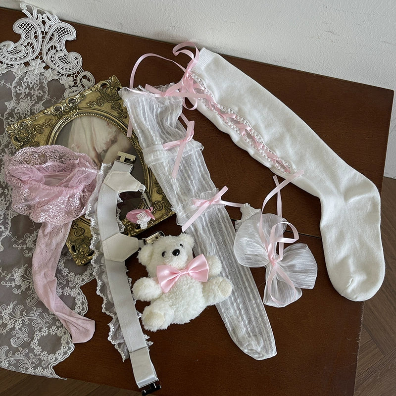 Noble Festival Pink Black Blue Red Lace Socks & Bear Garter - Sugarplum Store