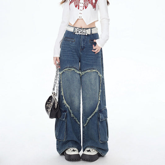 Crazy Girl Y2K Heart Blue Black Wide Leg Denim Jeans - Sugarplum Store