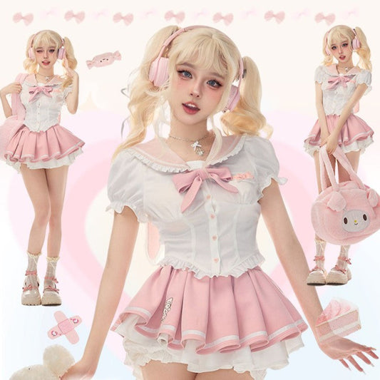 Serendipity Melo Bunny Pink Bow Sailor Collar Seifuku Shirt & Pleated Skirt Two Piece Set - Sugarplum Store