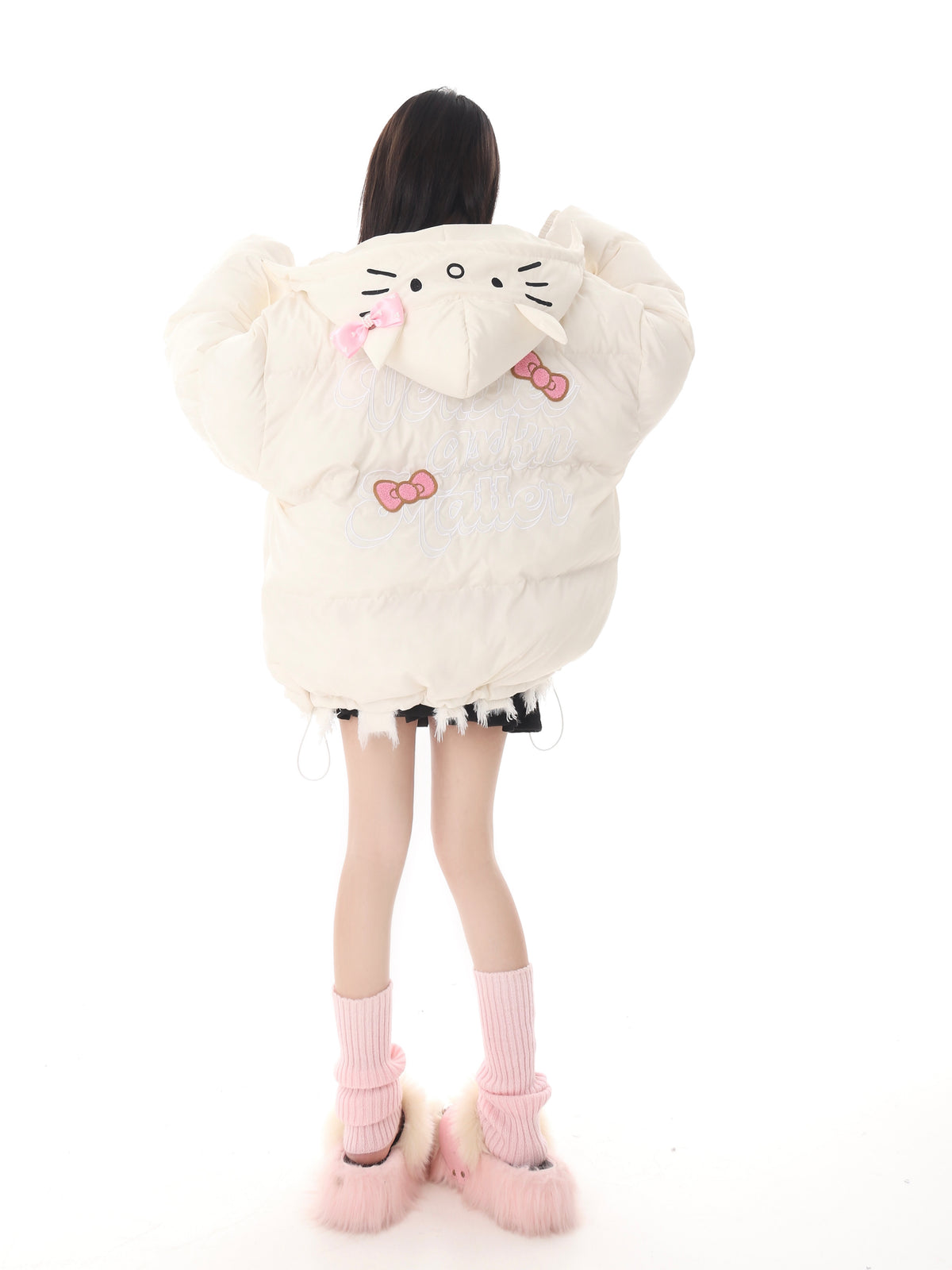 Pink White Blue Cartoon Kitty Cat Winter Thick Padded Puffer Jacket ...