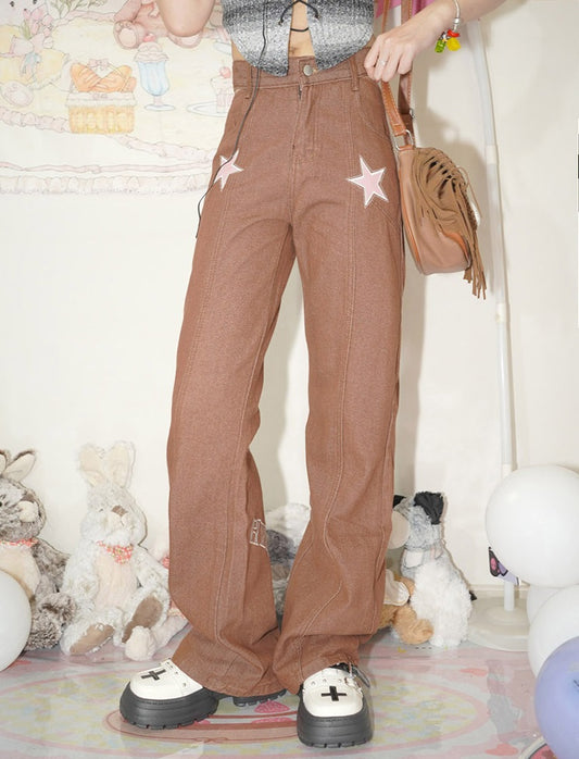 Retro Y2k Trendy Pink Stars Brown Long Pants