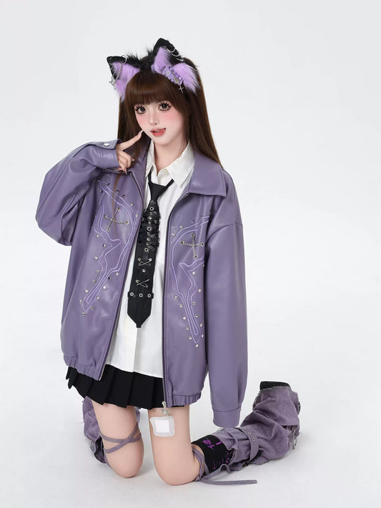 Crazy Girl Butterfly Beads Purple Brown Black Leather Jacket - Sugarplum Store