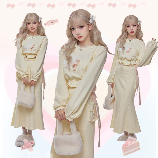 Serendipity Autumn Butter Yellow Rabbit Sweater Shirt & Long Skirt Two Piece Set - Sugarplum Store
