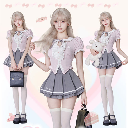 Serendipity Korean Academy Pink Top & Gray Pleated Skirt Two Piece Set - Sugarplum Store