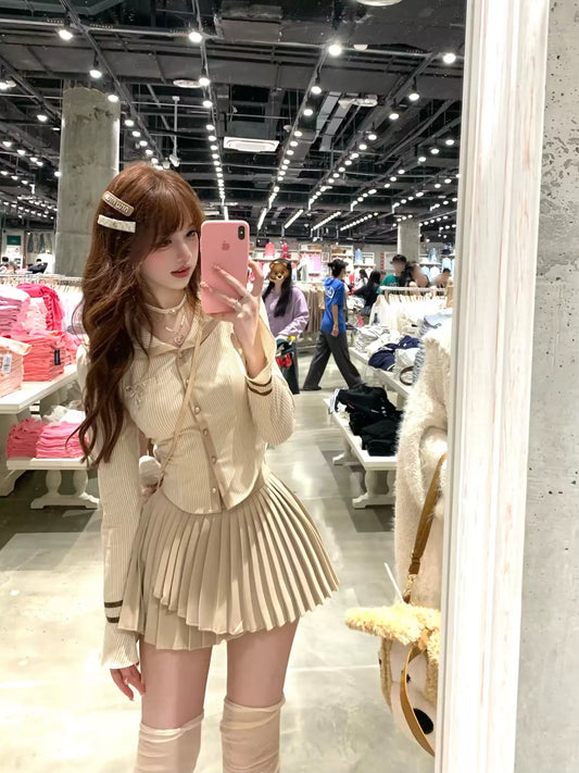 Lazy Girl Riza College Girl Beige Brown Striped Long Sleeve Shirt Top & Skirt Two Piece Set - Sugarplum Store