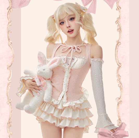 Serendipity Angel Love Coquette Balletcore Pink White Vest Long Sleeve Shirt Skirt Three Piece Set - Sugarplum Store