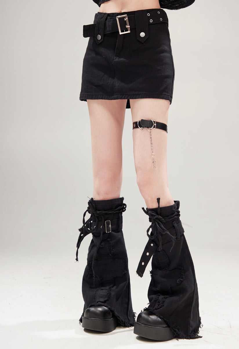 Hot Pink Cross Embroidery Denim High Waist Skirt & Leg Warmers Two Piece Set - Sugarplum Store